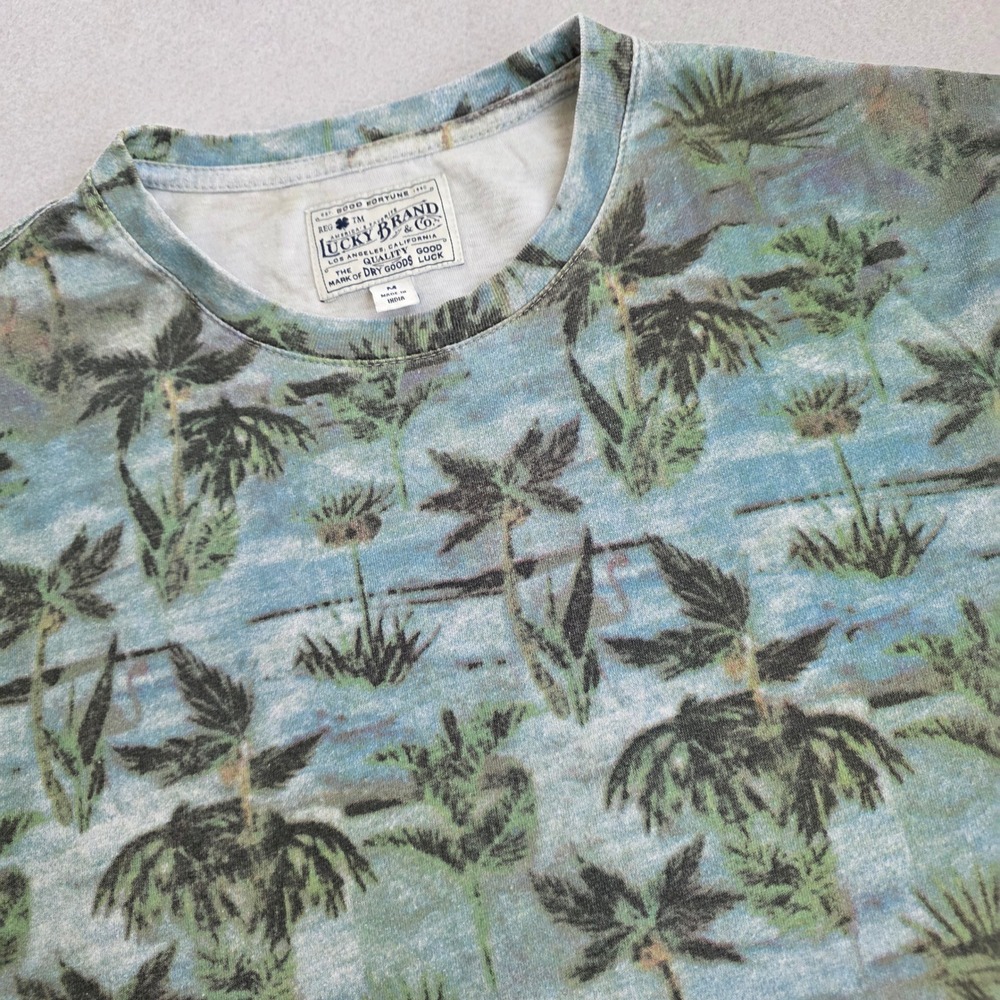 Lucky Brand Mens Blue Green Tropical Palm Tree Graphic Tee Shirt Medium